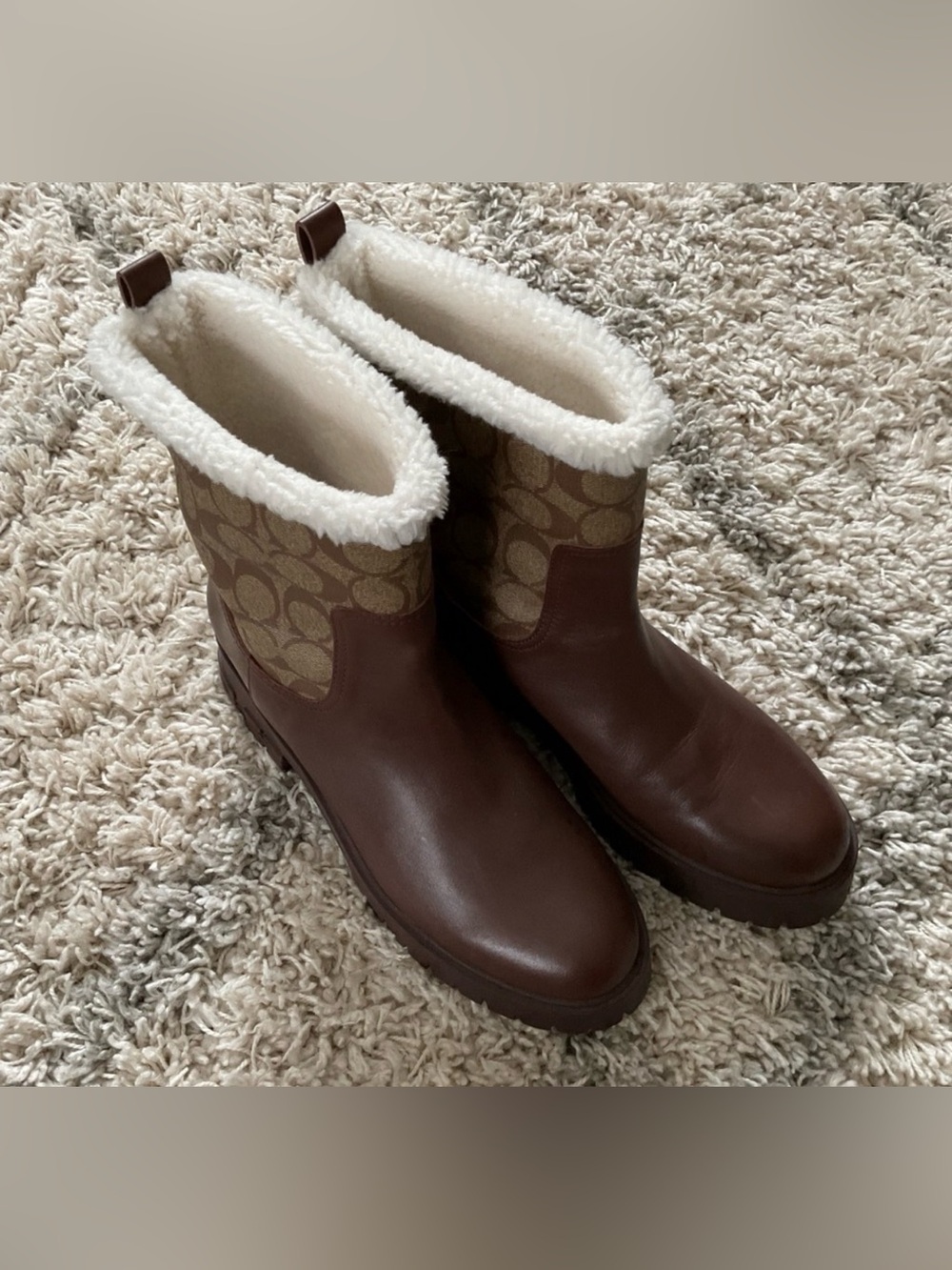 Coach Brown Leather & Logo Shearling-Trim Ankle Boots